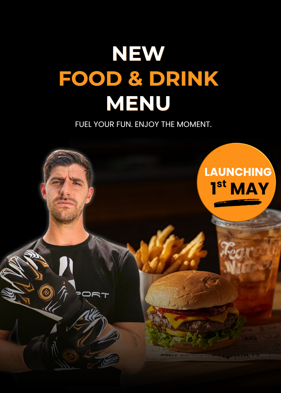 Promotional poster for a new food and drink menu with a man, burger, fries, and drink.