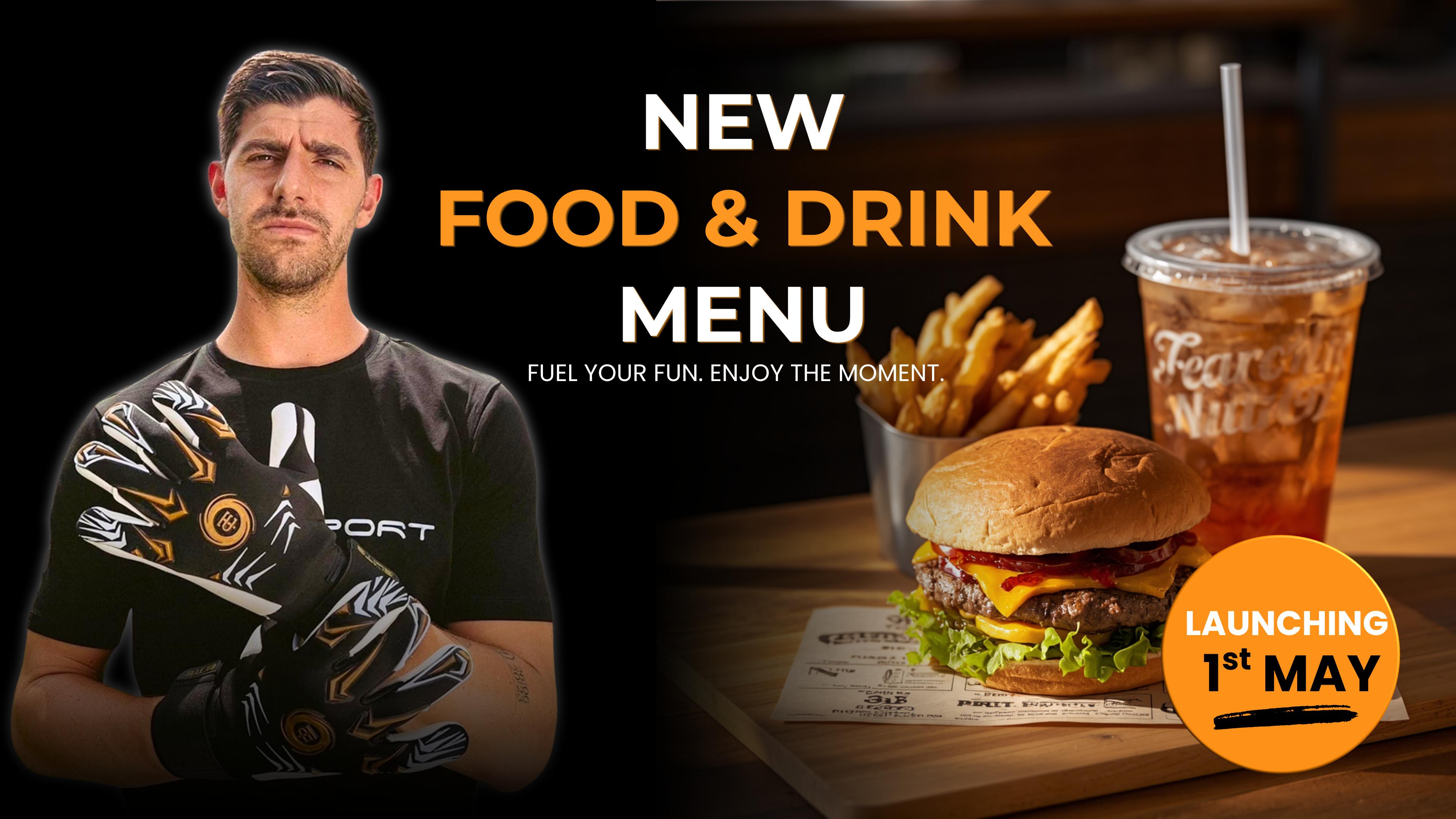 Promotional image for a new food and drink menu with a man, burger, fries, and iced tea.